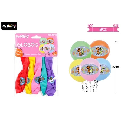 GLOBOS DE LATEX MATE MULTICOLOR CON DINOSAURIOS 30CM 5PCS - 1