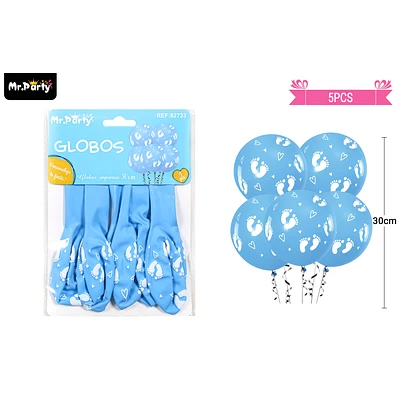 GLOBOS DE LATEX MATE CELESTE BABY SHOWER CON ESTAMPADO DE HUELLA BLANCO 30CM 5PCS - 1