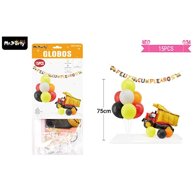 SET DE GLOBOS CON BASE Y GUIRNALDA EXCAVADORA 15PCS - 1