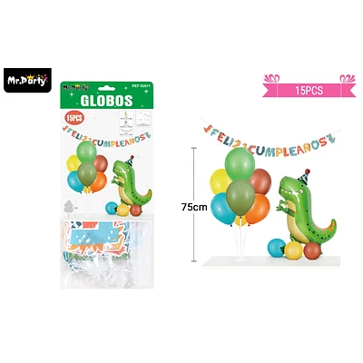 SET DE GLOBOS CON BASE Y GUIRNALDA DINOSAURIO 15PCS - 1