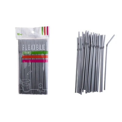 BOMBILLAS DE PLASTICAS FLEXIBLES PLATEADO 21CM 100PCS - 1