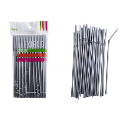 BOMBILLAS DE PLASTICAS FLEXIBLES PLATEADO 21CM 100PCS - 1