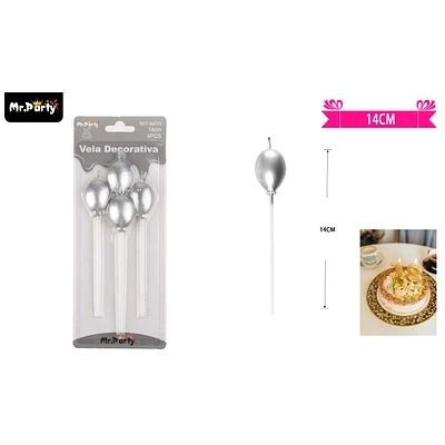 VELAS DE GLOBOS PLATEADO METALICO 14CM 4PCS - 1