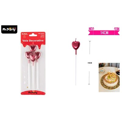 VELAS DE CORAZON ROJO METALICO 14CM 4PCS - 1