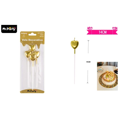 VELAS DE CORAZON DORADO METALICO 14CM 4PCS - 1