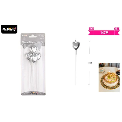 VELAS DE CORAZON PLATEADO METALICO 14CM 4PCS - 1