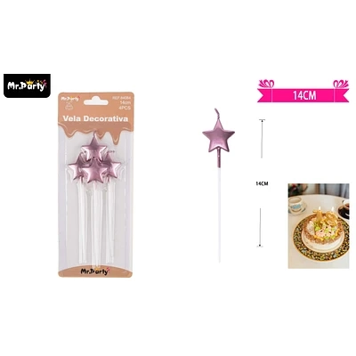 VELAS DE ESTRELLA COLOR ROSADO METALICO 14CM 4PCS - 1