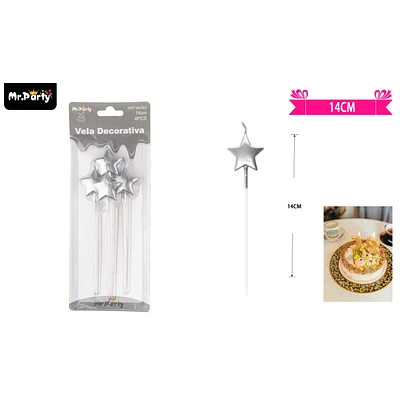 VELAS DE ESTRELLA PLATEADO METALICO 14CM 4PCS - 1