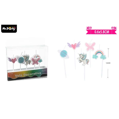 VELAS DE UNICORNIO, MARIPOSA, ARCOIRIS, CORAZON Y PLANETA 5.8CM 5PCS - 1