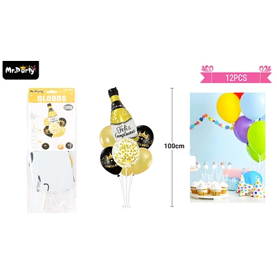 SET DE GLOBOS CON BASE DORADO CON BOTELLA DE CHAMPAGNE 12PCS - 1