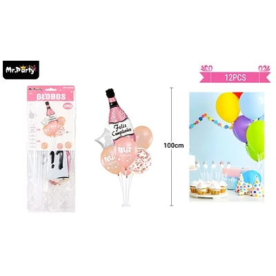 SET DE GLOBOS CON BASE DORADO ROSA CON CHAMPAGNE 12PCS - 1