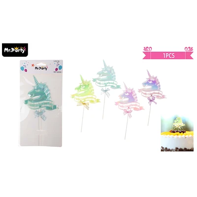 TOPPER UNICORNIO LUMINOSO FELIZ CUMPLEAÑOS 21CM 1PCS COLOR ALEATORIO - 1