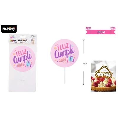 TOPPER REDONDO ACRILICO FELIZ CUMPLEAÑOS 16CM 1PCS - 1