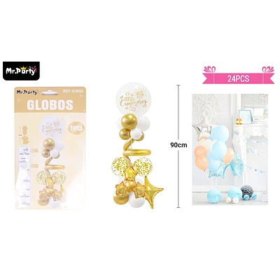 SET DE GLOBOS CON BASE DORADO Y BLANCO 90CM 24PCS - 1