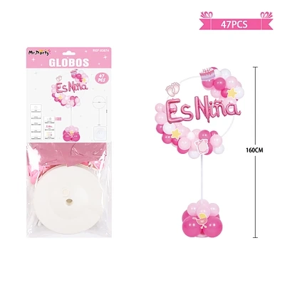 ARCO DE GLOBOS CON BASE BABY SHOWER ROSADO ES NIÑA 160CM 47PCS - 1