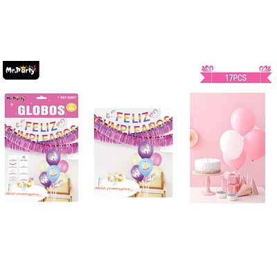 SET DE GLOBOS CON BASE Y GUIRNALDA UNICORNIO 17PCS - 1