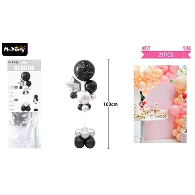 SET DE GLOBOS CON BASE NEGRO Y PLATEADO 21PCS - 1