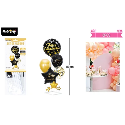 SET DE GLOBOS CON BASE DORADO Y NEGRO 6PCS - 1
