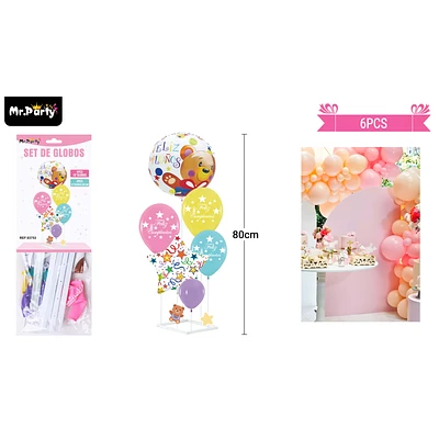 SET DE GLOBOS CON BASE MULTICOLOR CON OSO 6PCS - 1