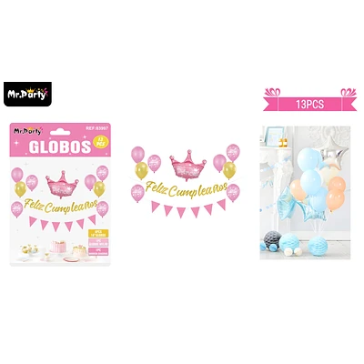 SET DE GLOBOS LATEX Y GUIRNALDA ROSADO CON CORONA 13PCS - 1