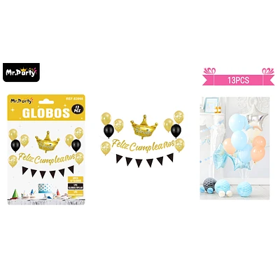 SET DE GLOBOS LATEX Y GUIRNALDA DORADO CON CORONA 13PCS - 1