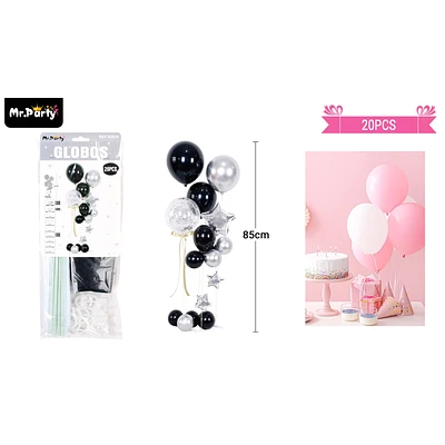 SET DE GLOBOS CON BASE NEGRO Y PLATEADO 20PCS - 1