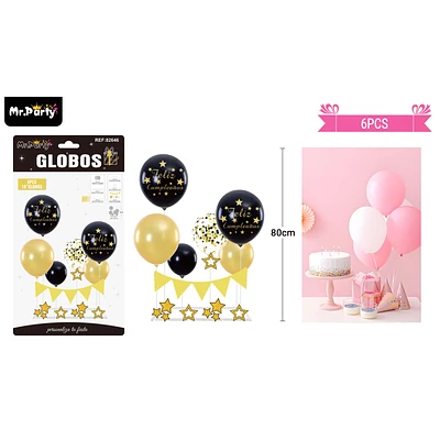 SET DE GLOBOS CON BASE Y GUIRNALDA NEGRO Y DORADO 6PCS - 1