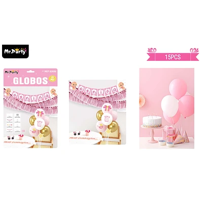 SET DE GLOBOS CON BASE Y GUIRNALDA BABY SHOWER ROSADO 15PCS - 1