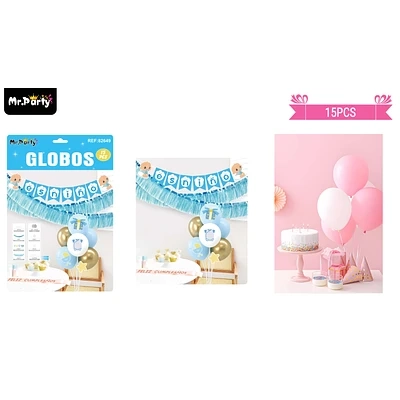 SET DE GLOBOS CON BASE Y GUIRNALDA BABY SHOWER CELESTE 15PCS - 1