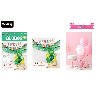 SET DE GLOBOS CON BASE Y GUIRNALDA DINOSAURIO 15PCS - 1