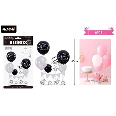SET DE GLOBOS CON BASE Y GUIRNALDA NEGRO Y PLATEADO 6PCS - 1