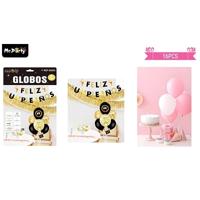 SET DE GLOBOS CON BASE Y GUIRNALDA NEGRO Y DORADO 16PCS - 1