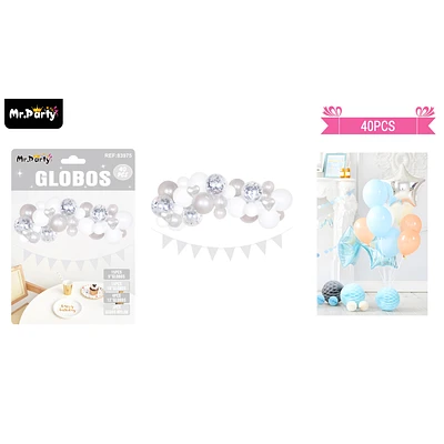 SET DE GLOBOS LATEX BLANCO Y PLATEADO 40PCS - 1