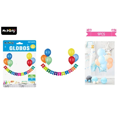 SET DE GLOBOS LATEX Y GUIRNALDA BIENVENIDOS MULTICOLOR 9PCS - 1