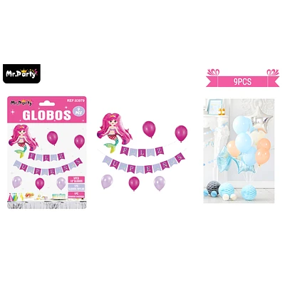 SET DE GLOBOS LATEX Y GUIRNALDA SIRENA 9PCS - 1