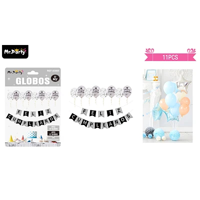SET DE GLOBOS LATEX Y GUIRNALDA PLATEADO 11PCS - 1