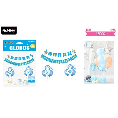SET DE GLOBOS LATEX Y GUIRNALDA CON PERRO AZUL 13PCS - 1