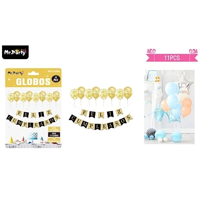 SET DE GLOBOS LATEX Y GUIRNALDA DORADO Y NEGRO 11PCS - 1