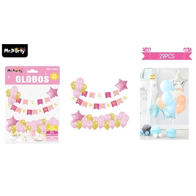 SET DE GLOBOS LATEX Y GUIRNALDA ROSADO 29PCS - 1