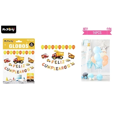 SET DE GLOBOS LATEX Y GUIRNALDA CON EXCAVADORA 16PCS - 1
