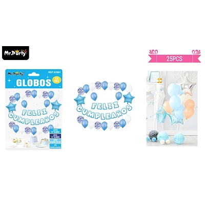 SET DE GLOBOS LATEX Y GUIRNALDA CON ESTRELLA AZUL 25PCS - 1
