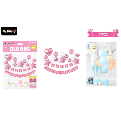 SET DE GLOBOS LATEX Y GUIRNALDA CON ESTRELLA ROSADO 17PCS - 1