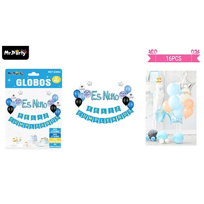 SET DE GLOBOS LATEX Y GUIRNALDA AZUL ES NIÑO 16PCS - 1