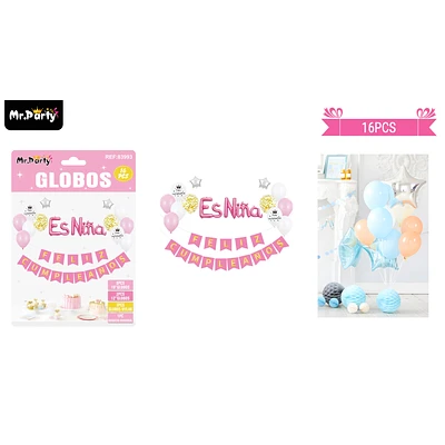 SET DE GLOBOS LATEX Y GUIRNALDA ROSADO ES NIÑA 16PCS - 1