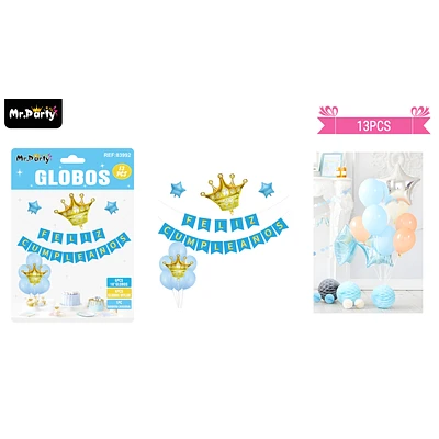 SET DE GLOBOS LATEX Y GUIRNALDA AZUL CON CORONA 13PCS - 1