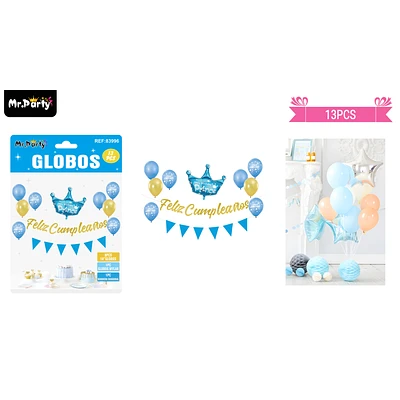 SET DE GLOBOS LATEX Y GUIRNALDA AZUL CON CORONA 13PCS - 1