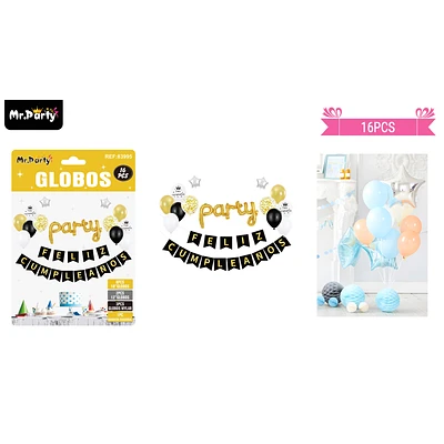 SET DE GLOBOS LATEX Y GUIRNALDA DORADO Y NEGRO 16PCS - 1