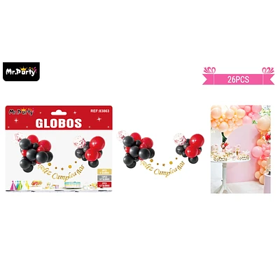 SET DE GLOBOS LATEX Y GUIRNALDA NEGRO Y ROJO 26PCS - 1