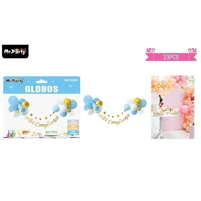 SET DE GLOBOS LATEX Y GUIRNALDA CELESTE Y DORADO 23PCS - 1