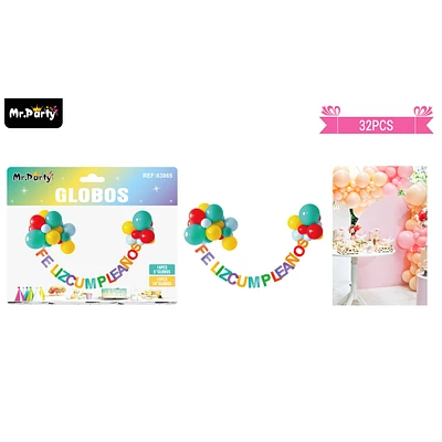 SET DE GLOBOS LATEX Y GUIRNALDA MULTICOLOR 32PCS - 1